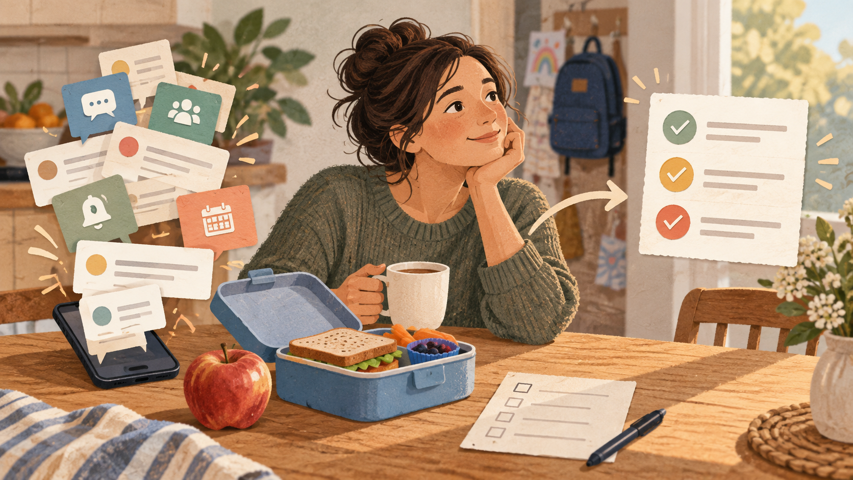 Illustration of a parent at a kitchen table with a school lunchbox, as scattered messages become a simple checklist.